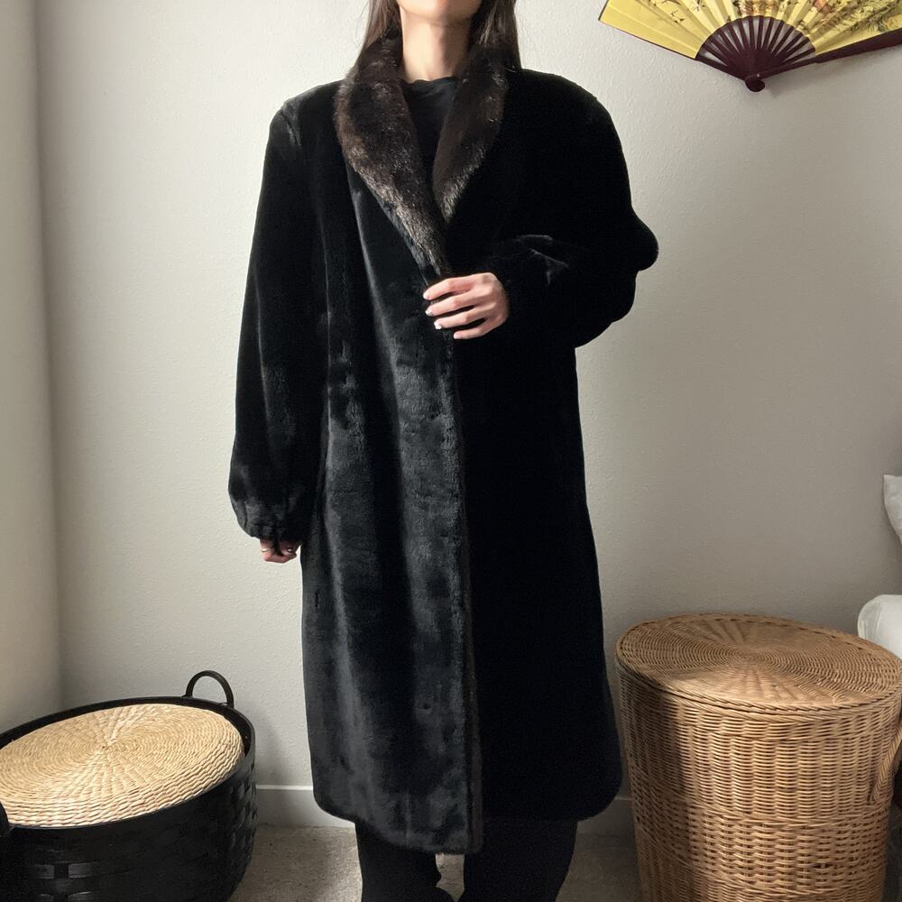 80s vintage black brown minimalist classic faux fur long winter coat - Picture 3 of 8